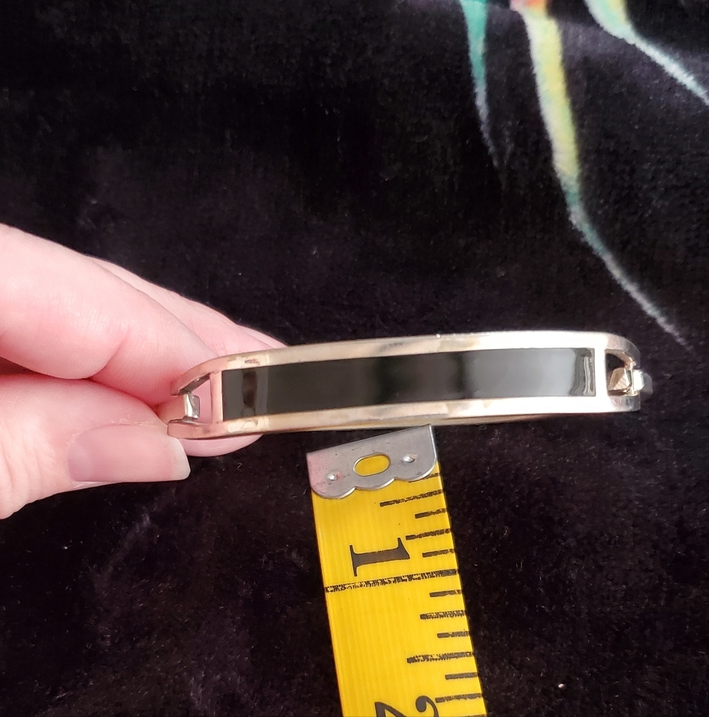 Ladies Silver-Tone Black Enamel Hinged Bracelet